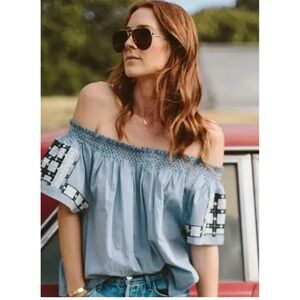 Ulla Johnson Milo Top Chambray Off Shoulder Embroidered Blouse 6